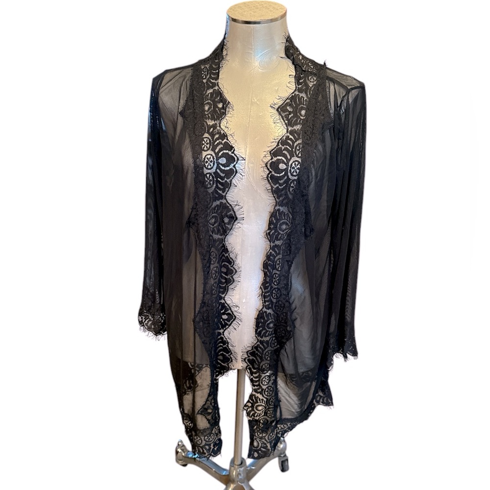 Women’s Sheer With Lace Sexy Black Robe With Matching Thong New Size Medium